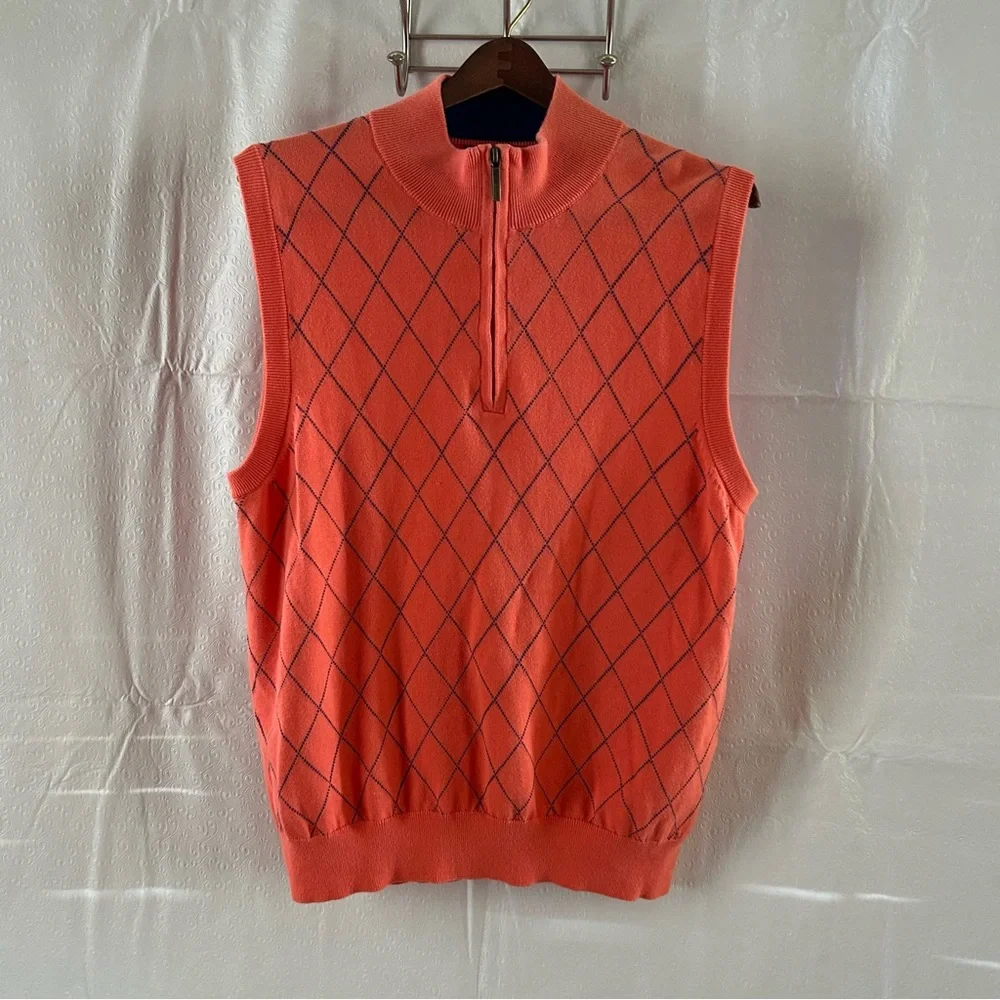 Men’s Brooks Brothers Preppy Argyle Coral/Blue 1/4 Zip Cotton Vest Size Large - Picture 1 of 7